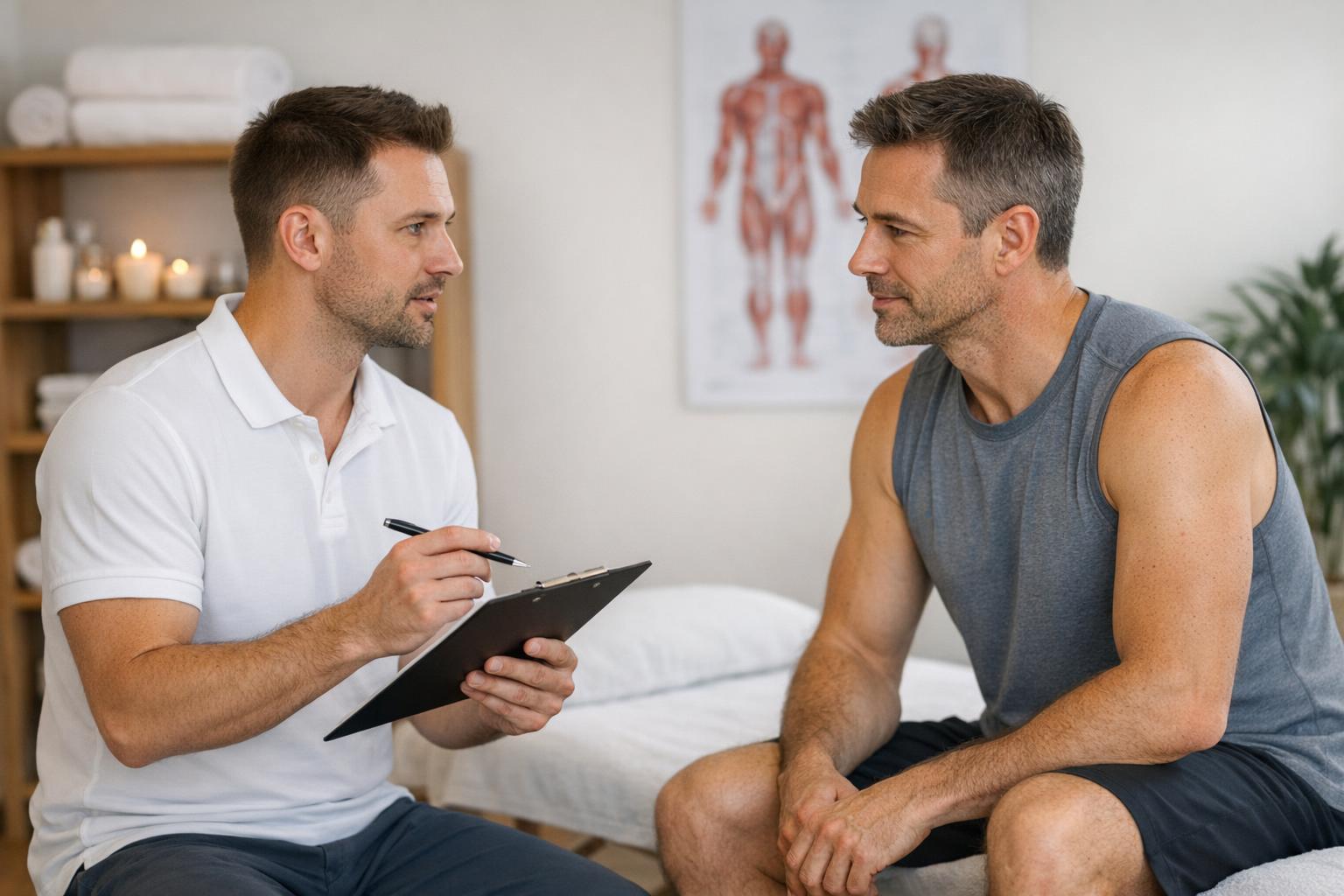 zdjęcie terapeuta konsultuje się z pacjentem przed masażem tkanek głębokich